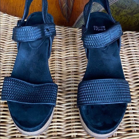 Eileen Fisher Mesh Leather Platform Wedge Sandals - Picture 4 of 8